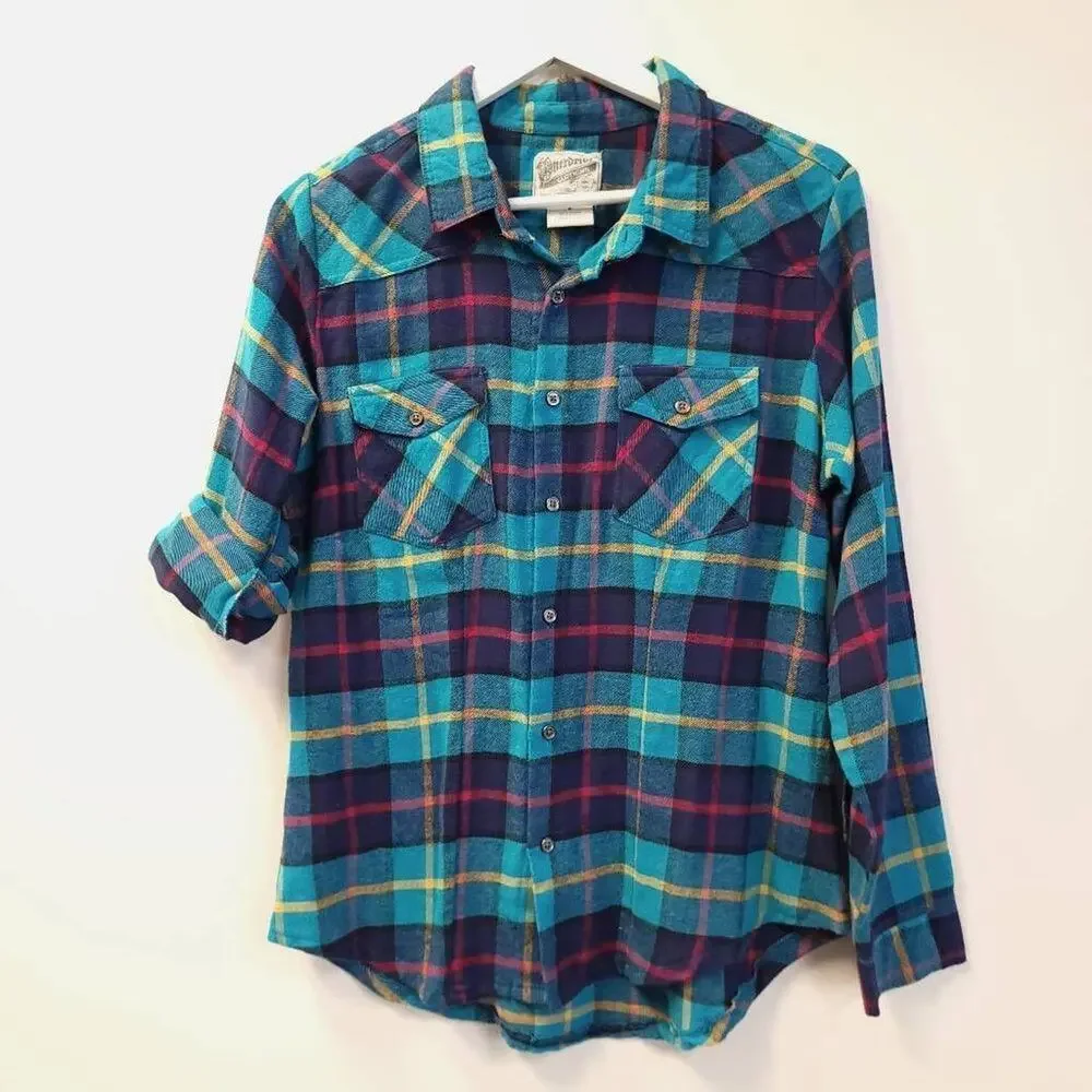 Overdrive Plaid Flannel Shirt Button Down Women's Size Small Roll Tab Sleeve - Picture 1 of 6